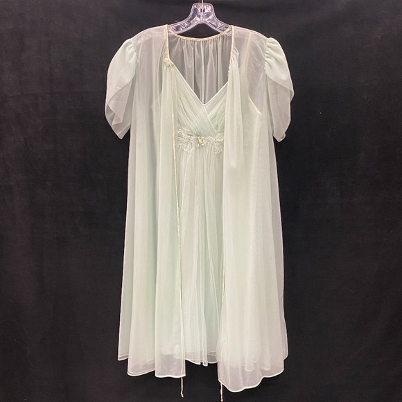 Vanity Fair- VINTAGE - 1960s 1970s Nightgown & Robe 2PC Set- Mint Green - Sz S - Picture 1 of 16